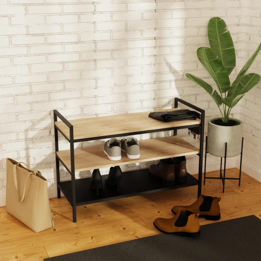 Этажерка для обуви Spaceo 80x55x35 см 3 полки дерево цвет чёрный STLM-2028644