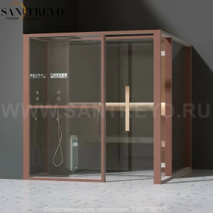 Effegibi LOGICAFILO H LO31030006 Хаммам. Установка: в левый угол. Левая дверь. Мощность: 4,5 кВт макс. Размеры: длина 214 см, ширина 250 см. Отделка: матовый лакированный коричневый аллюминий и темный ламинат из керамогранита.