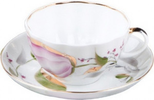 1046246 Императорский фарфоровый завод Чашка чайная с блюдцем "Розовые тюльпаны" "Тюльпан" Твёрдый фарфор