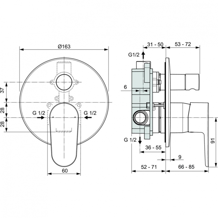 A7193AA Встраиваемый смеситель для ванны/душа CERAFINE MODEL O Ideal Standard CERAFINE O - Вид №5