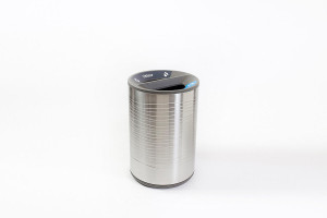 Универсальная емкость для мусора и утилизации, 24 галлона, верхнее отверстие, крышка с разделенным потоком, изображение «рециркуляция» на синем фоне, изображение «мусор» на сером фоне, корпус из нержавеющей стали с сатинированной отделкой и рисунком в вид