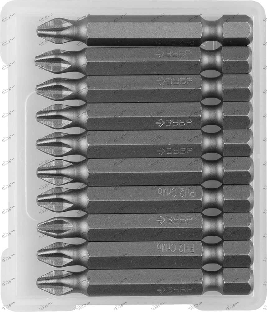 Бита РН2 50мм для шуруповерта "МАСТЕР" кованые 10шт хвостовик Е 1/4" Зубр 12656