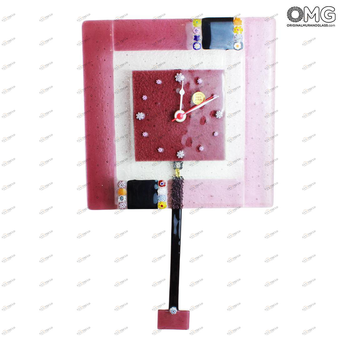 1267 ORIGINALMURANOGLASS Настенные часы с маятником Розовая муррина - средние - муранское стекло 22 см 