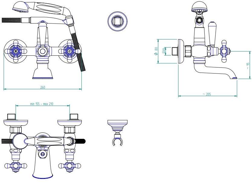 ZAZZERI Настенный смеситель для ванны на 2 отверстия с ручным душем 800 sun-id-1411290 - Вид №1