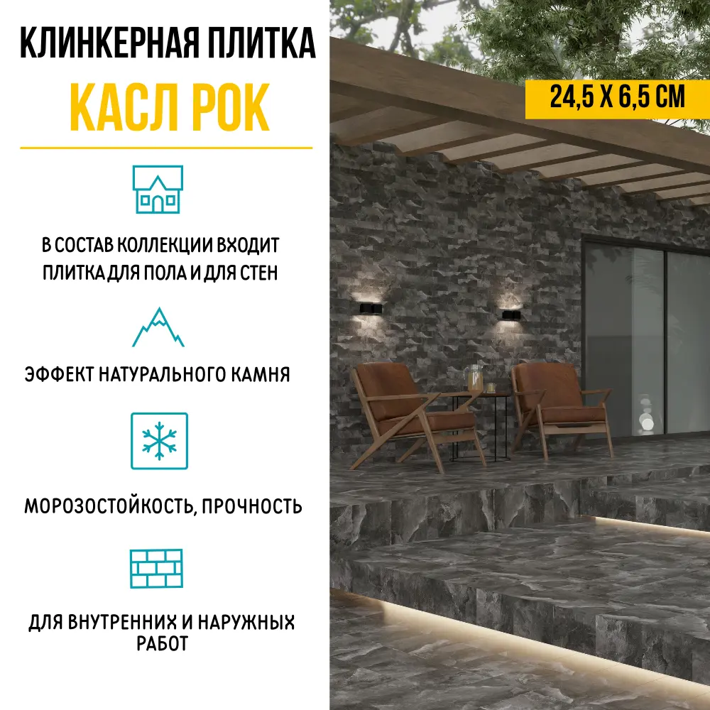 Плитка клинкерная Керамин Касл Рок 5 24.5x6.5 см 0.54 м² цвет графит Нет STLM-2030565 - Вид №4