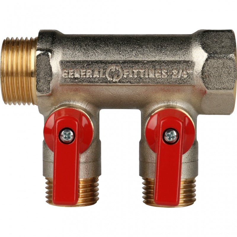 Коллектор с шаровыми кранами 3/4" STOUT 2 выхода 1/2", красные ручки SMB6200341202 - Вид №1