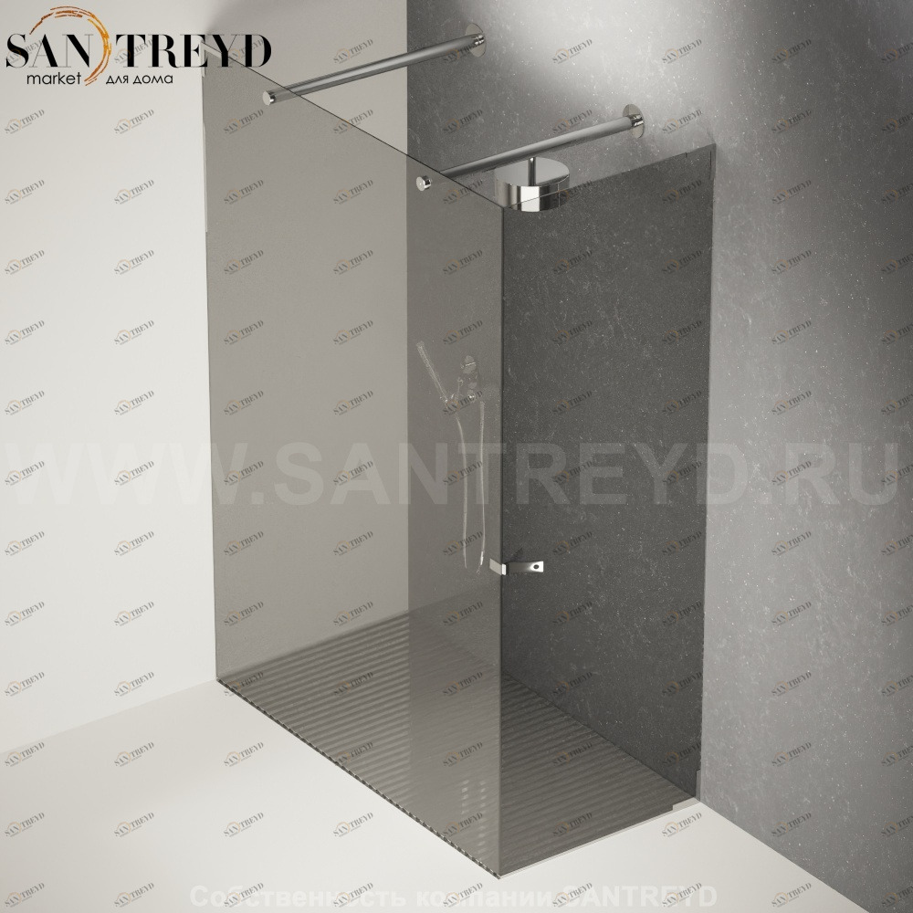 Душевое ограждение FLAT D подрезаемое, стеклянная с дверью дымчатая перегородка с 2-мя держателями со встроенным соплом для установки верхнего душа с поддоном из стали. Размеры: глубина от 70 до 100 см, длина от 140 до 160 см Agape DC3070100140160STAM