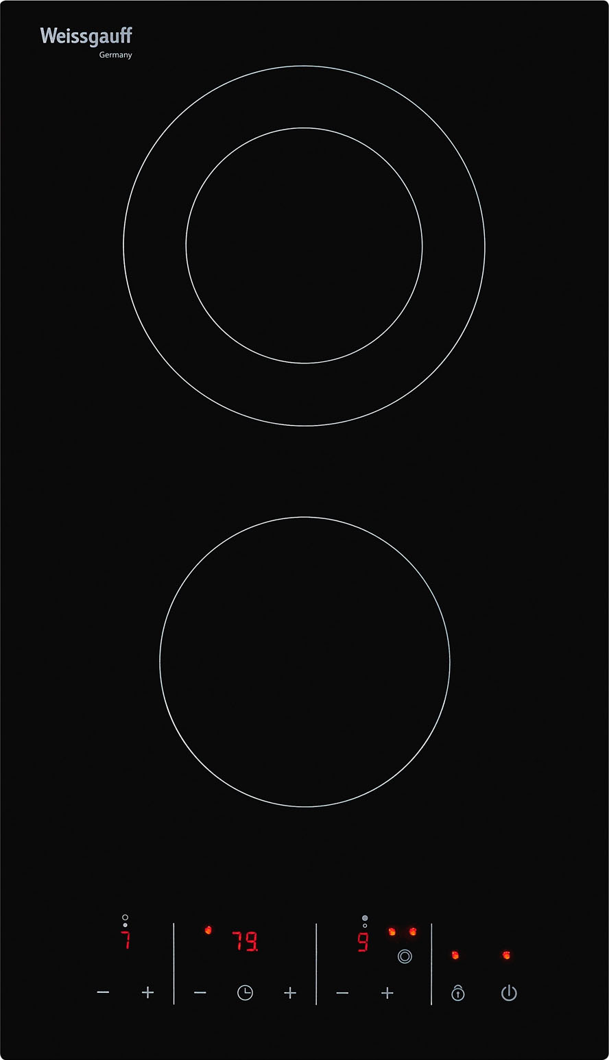 HV 312 B Домино, 30 см, электрическая, стеклокерамика vitro ceramic glass, 2 конфорки, 1 с двойным контуром, сенсорное управление, индикация степени нагрева, таймер, звуковой сигнал, блокировка от детей, черная Weissgauff Santreyd 