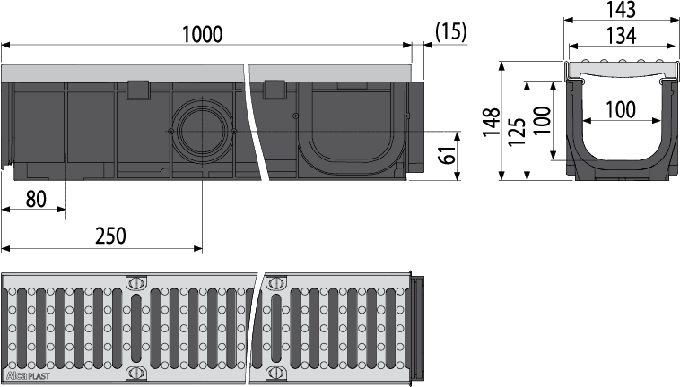 Дренажный канал 100 мм с металлической рамой и чугунной решеткой D400 ALCAPLAST AVZ103R201 - Вид №3