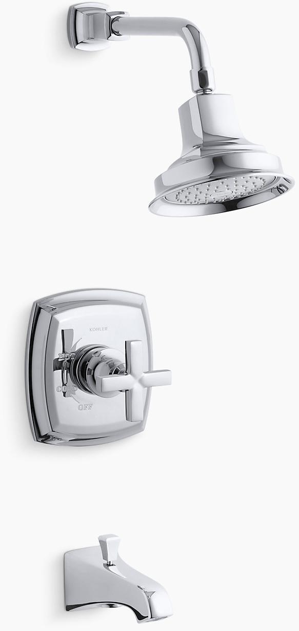 KOHLER Комплект Margaux Rite-Temp для ванны и душа с поперечной ручкой и изливом NPT, клапан в комплект не входит K-TS16225-3-CP  - Вид №1