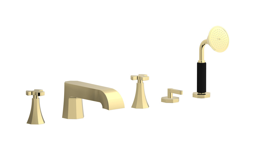 Смеситель на бортик ванной на 5 отверстий с дивертером и душевым гарнитуром. WE ARE IB bt396ii Pale Gold Belmondo 