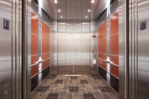 FSRT802 Интерьер лифта Levele-107 с панелями лайтплана в стекле vivispectra Spectra с прослойкой нестандартного изображения и отделкой pearlex +; захватные панели из нержавеющей стали с отделкой из песчаника, плавленого графита с льняной отделкой и индиви