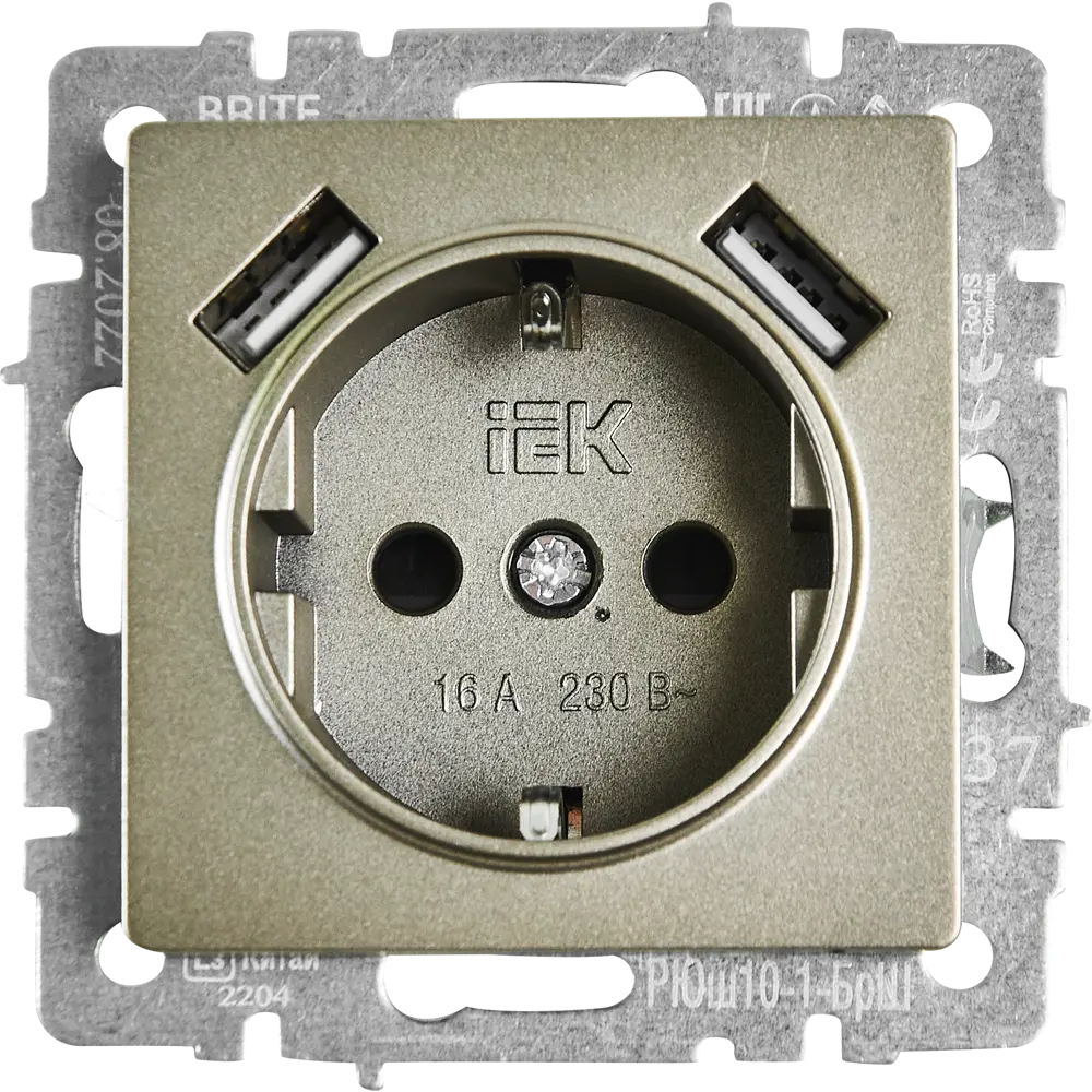 Розетка USB встраиваемая IEK Brite РЮш10-1-БрШ с заземлением цвет шампань STLM-2122738