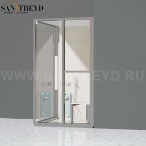 Effegibi H SMALL LO82010005 Комбинированная баня: хаммам и душ. Установка: в правый угол. Правая дверь. Мощность: 3 кВт макс. Размеры: длина 131 см, ширина 92 см. Отделка: матовый лакированный серый аллюминий и бежевый ламинат из керамогранита.