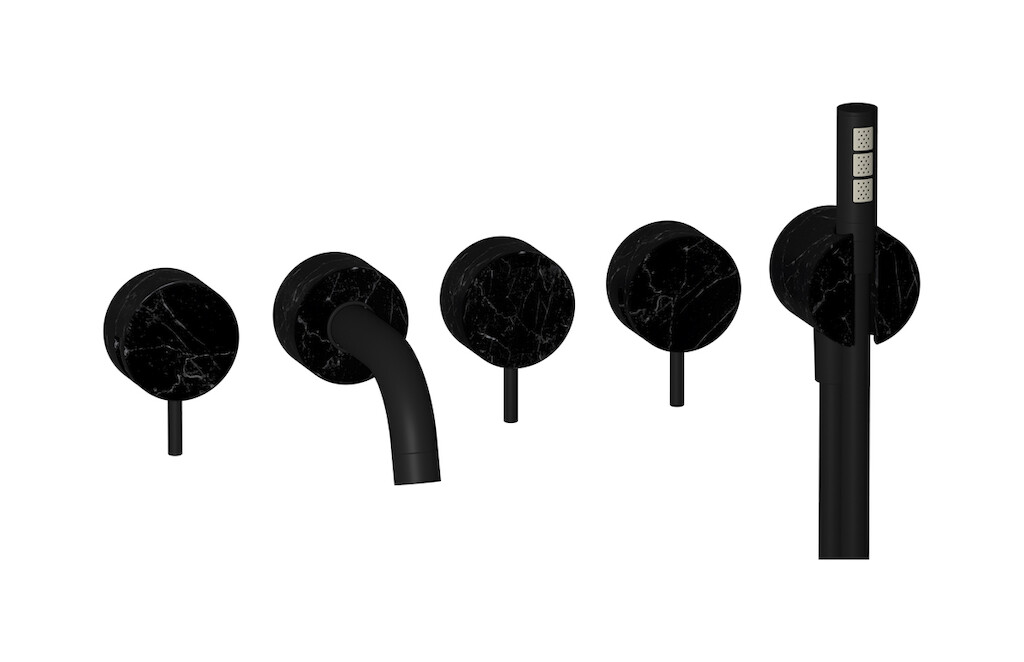 Настенный смеситель для ванной на 5 отверстий с дивертером и душевым гарнитуром. WE ARE IB mr398np_2 Matt Black Marmo