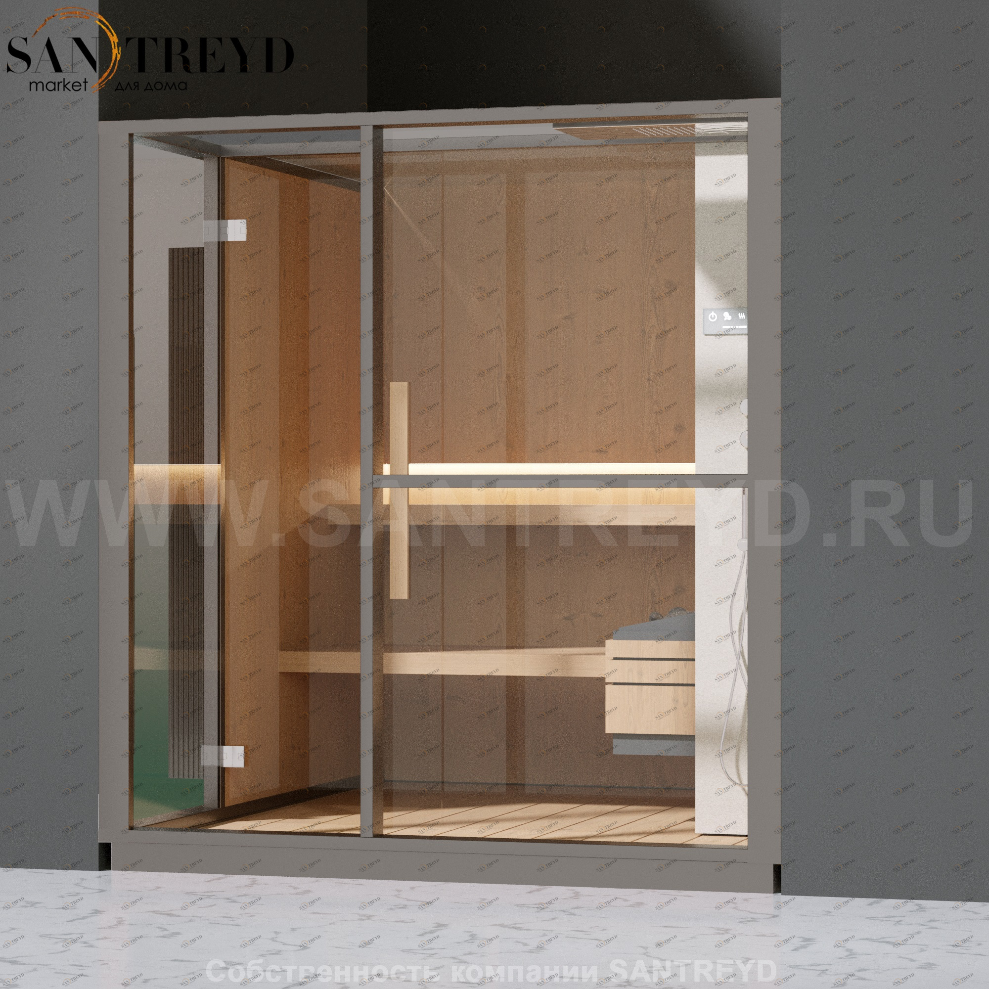 Effegibi LOGICA S LO20010009 Сауна. Установка: в нишу. Правая дверь. Мощность: 6 кВт макс. Размеры: длина 214 см, ширина 250 см. Отделка: канадский хемлок, матовый лакированный серый аллюминий и бежевый ламинат из керамогранита.