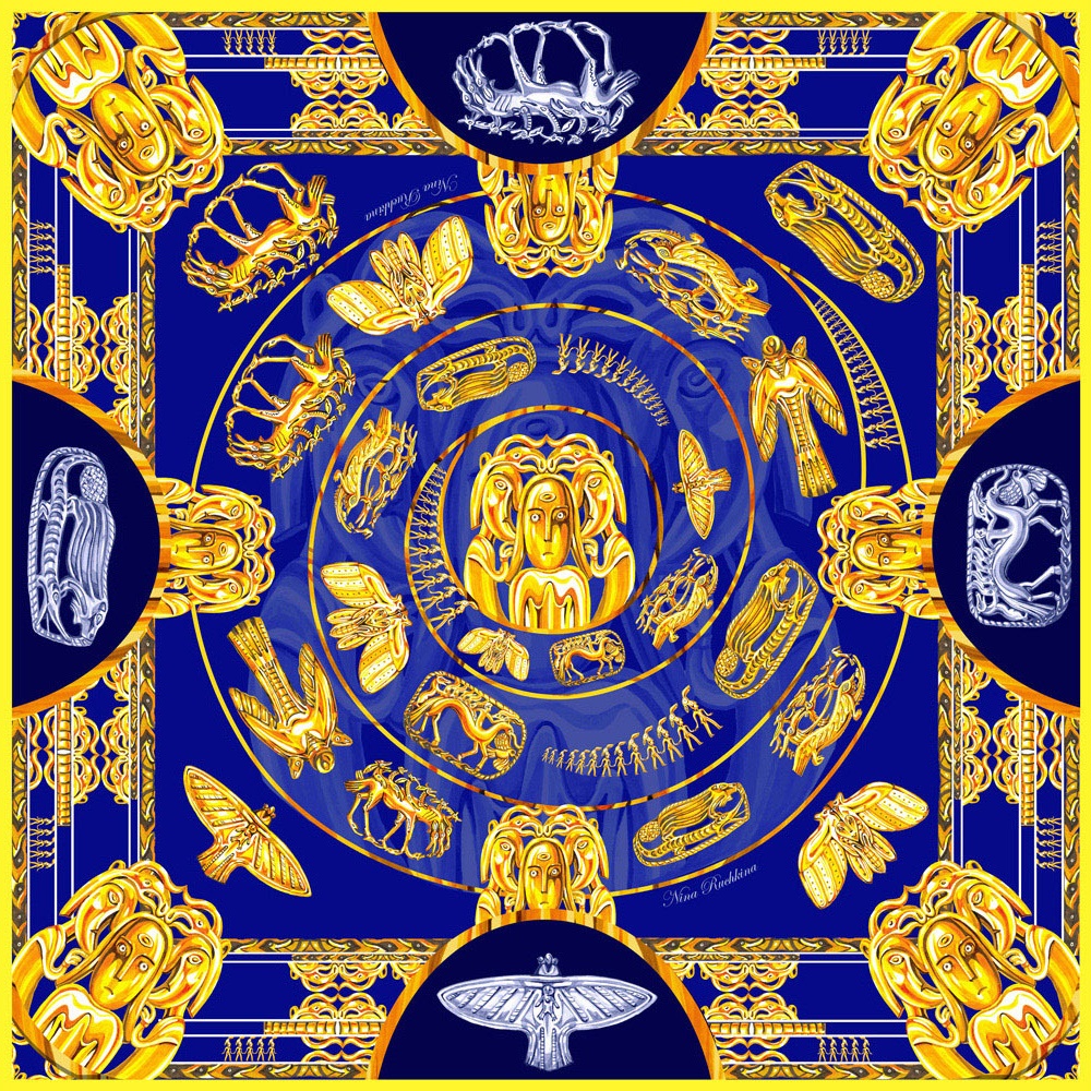 10633883 МД Нины Ручкиной Платок сувенирный "Пермский звериный стиль" 90х90см Ткань 