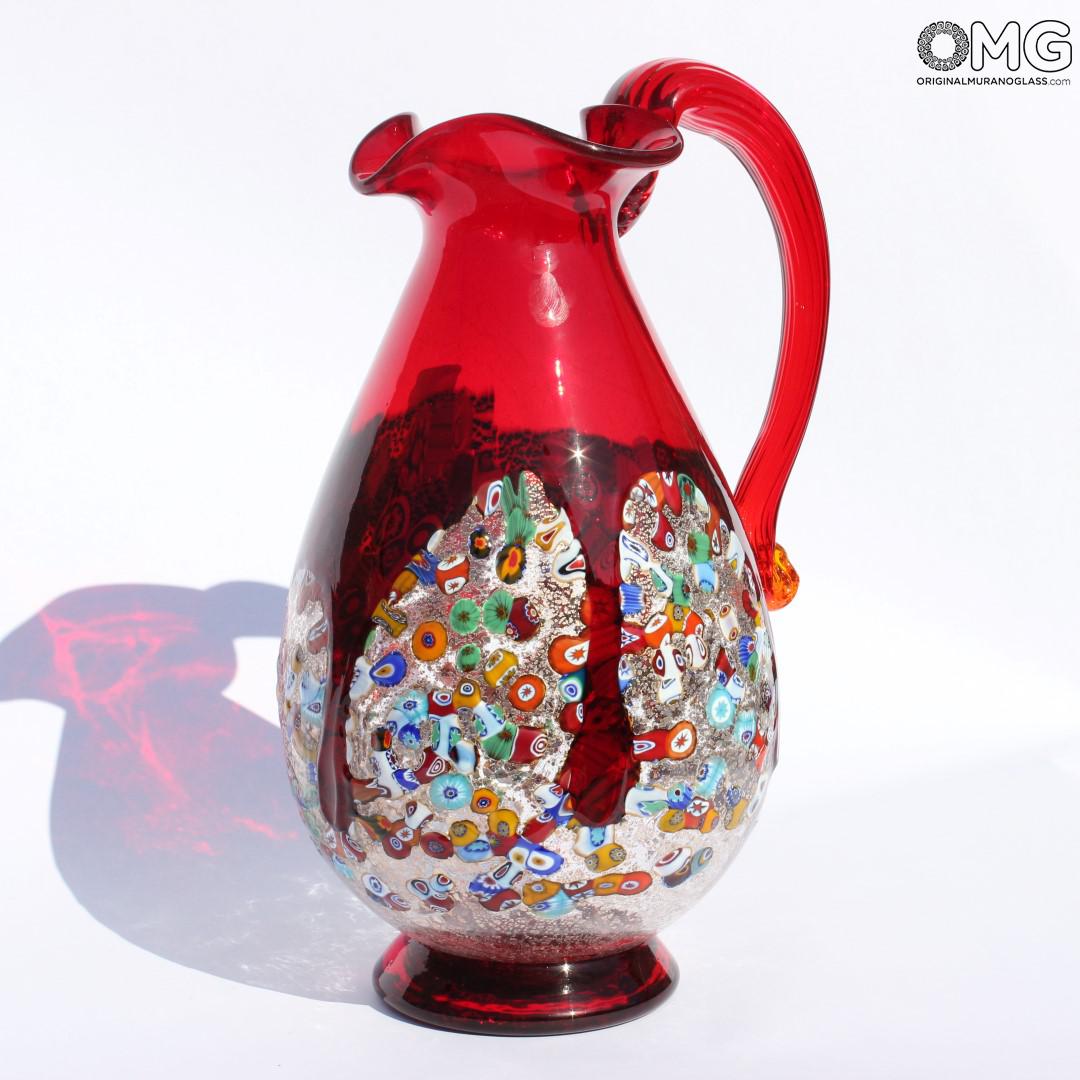 2277 ORIGINALMURANOGLASS Красный кувшин миллефиори из муранского стекла 16 см  - Вид №1