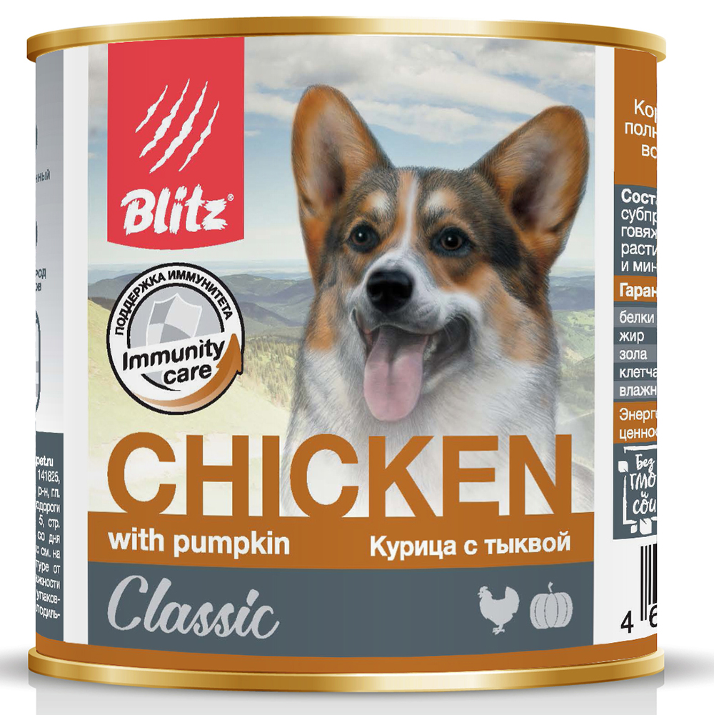 ПР0055601 Корм для собак Classic курица, тыква банка 750г Blitz 