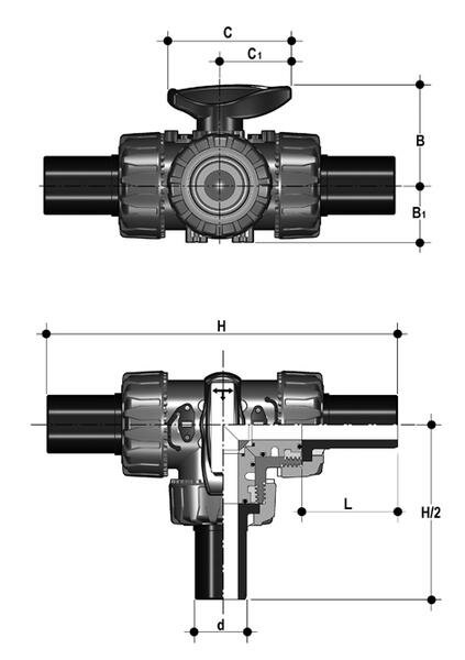 SANIT 127453070040 3-ходовой шаровой кран d 20-63, ТКД DualBlock®, ПП, L-отверстие, PP-LS-х частей  - Вид №1