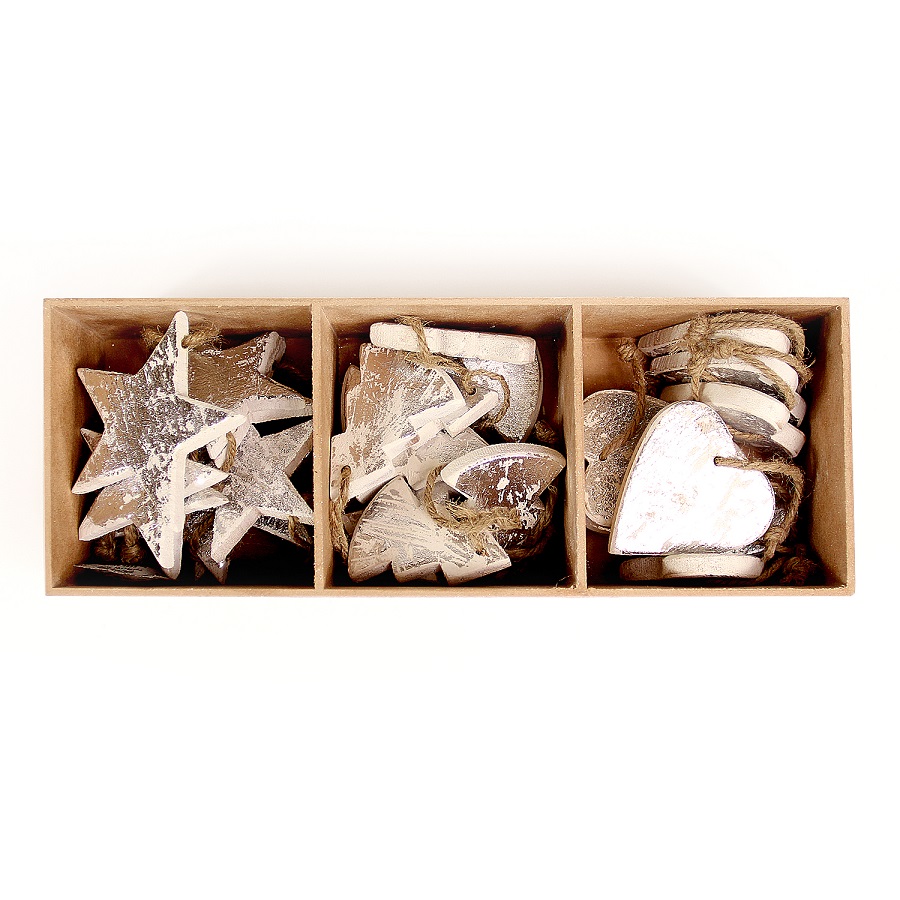 en_ny0012 Украшения подвесные silver stars/trees/hearts, деревянные, в подарочной коробке, 24 шт. EnjoyMe 