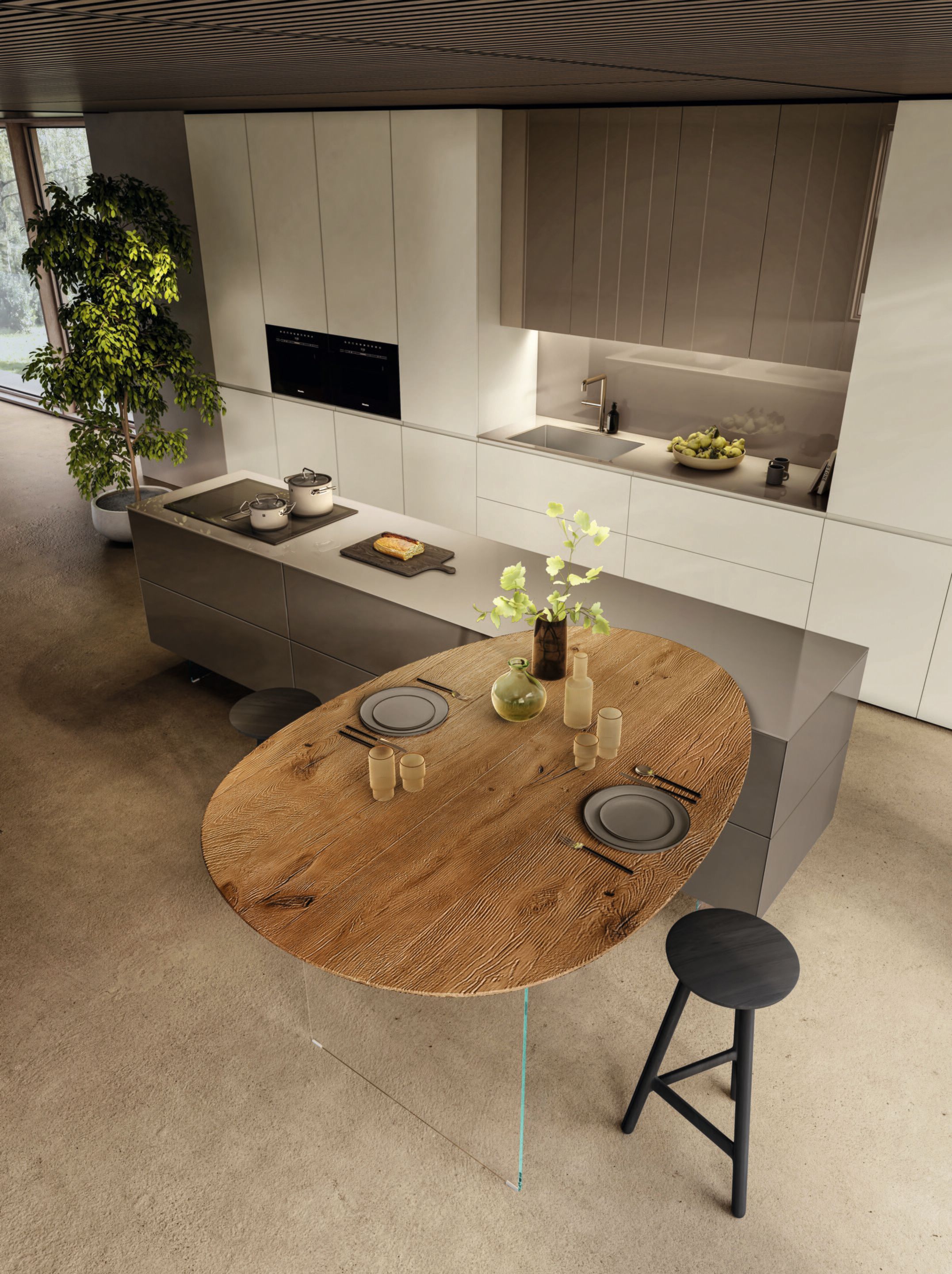 Деревянная и стеклянная кухня без ручек с островом Lago N. O. W ARCH-00058993 - Вид №3