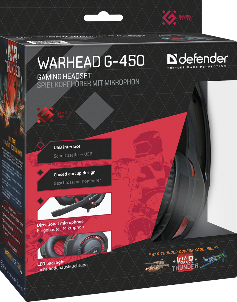 64146 игровая гарнитура warhead g-450 usb, подсветка, кабель 2,3 м Defender Santreyd  - Вид №7