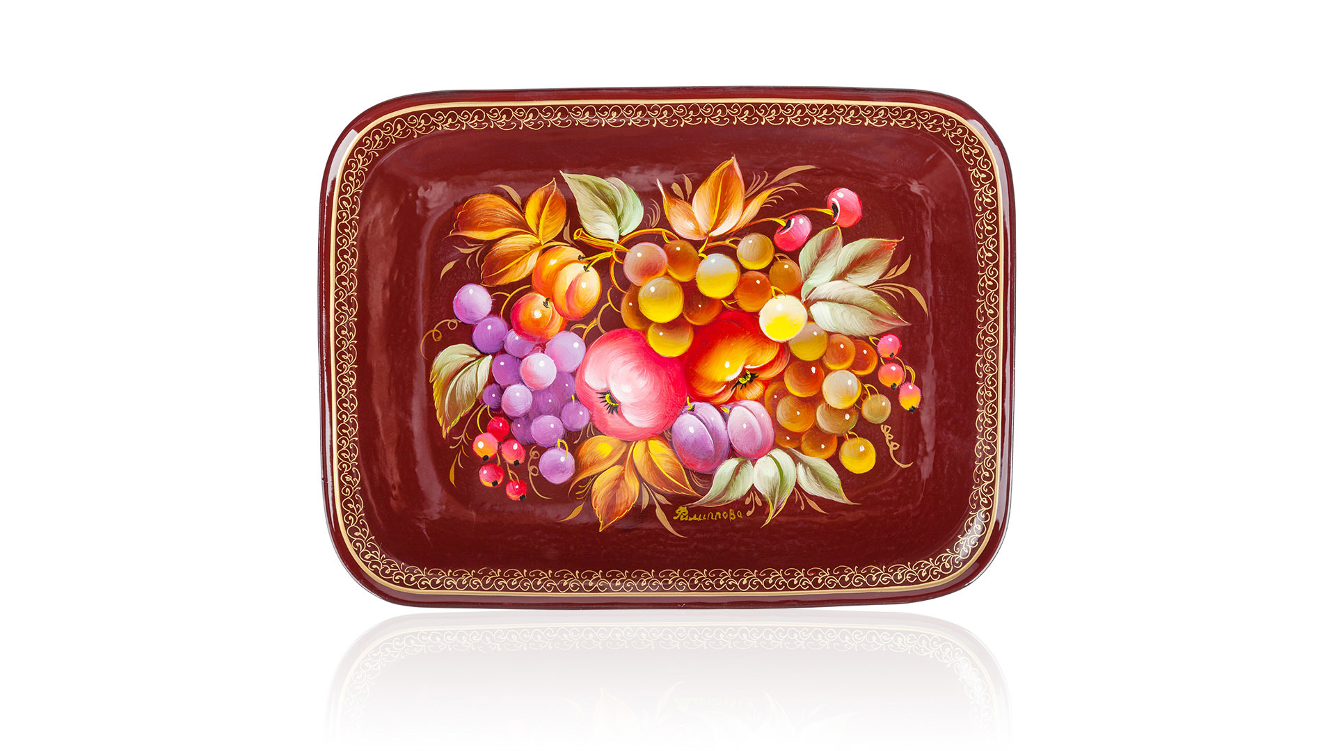 10604609 Жостовская фабрика декоративной росписи Набор из 2 подстаканников в шкатулке с подносом 22х18см (худ.роспись) Латунь  - Вид №2