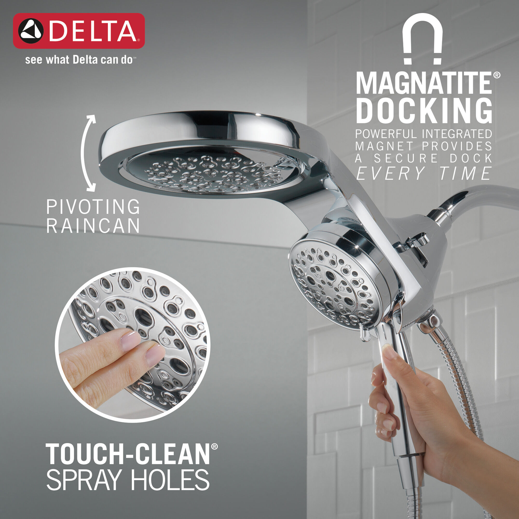 58680 HydroRain® H2Okinetic® 5-регулировочная душевая лейка два в одном Delta Faucet Universal Showering Хром  - Вид №3