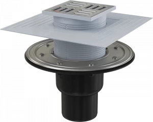 Сливной трап 105×105/50/75 мм прямой сток, решетка из нержавеющей стали, фланец из нержавеющей стали, воротник изоляции 2–го уровня, гидрозатвор сухой и мокрый