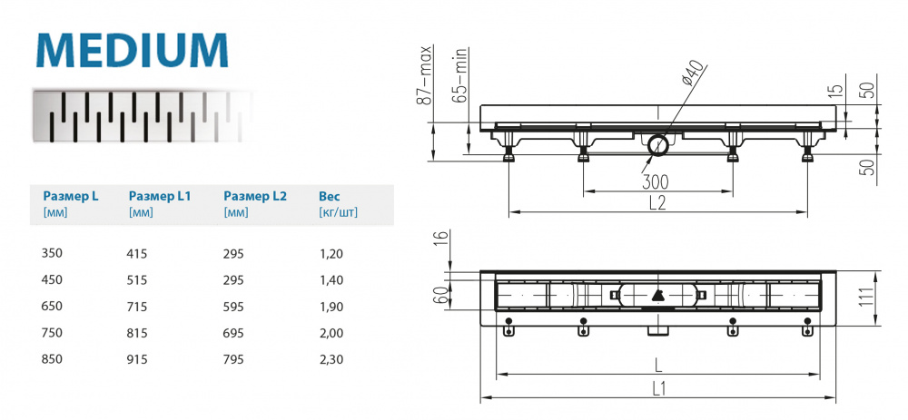 Водоотводящий желоб ALPEN Medium ALP-750M3 для монтажа вплотную к стене  - Вид №1
