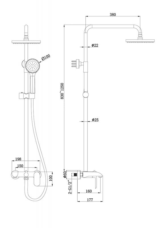 Душевая колонна со смесителем для ванны PURE F6335369CP-A-RUS bravat - Вид №1