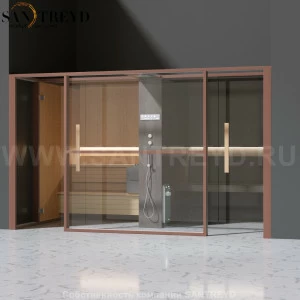 Effegibi LOGICAFILO LO11030006 Комбинированная баня: хаммам и сауна. Установка: в нишу. Мощность: 10,5 кВт макс. Размеры: длина 373 см, ширина 250 см. Отделка: канадский хемлок, матовый лакированный коричневый аллюминий и темный ламинат из керамогранита.