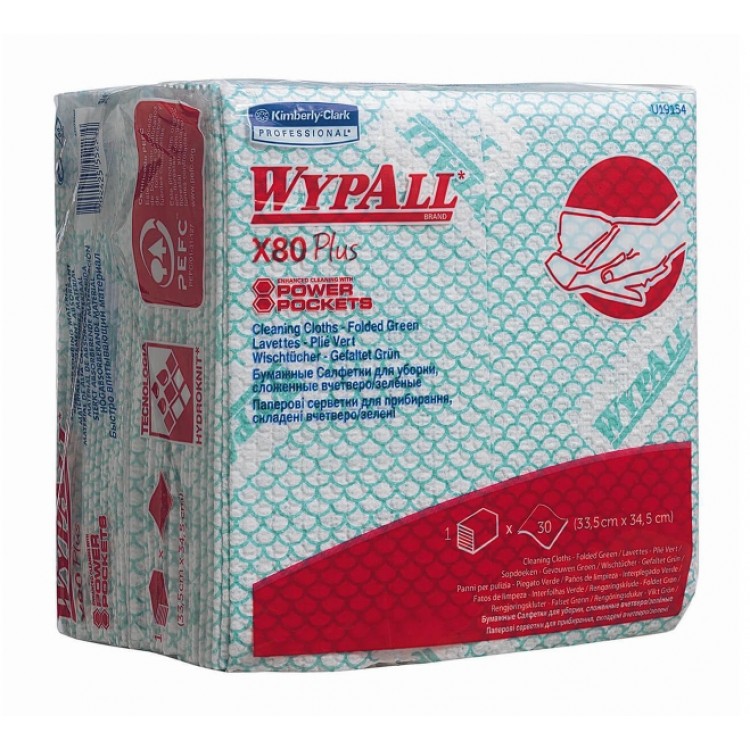 19154 Kimberly Clark Протирочные салфетки листовые Kimberly-Clark WypAll X80 Plus 19154 1-слойный 8 пачек по 30 листов, зеленый 