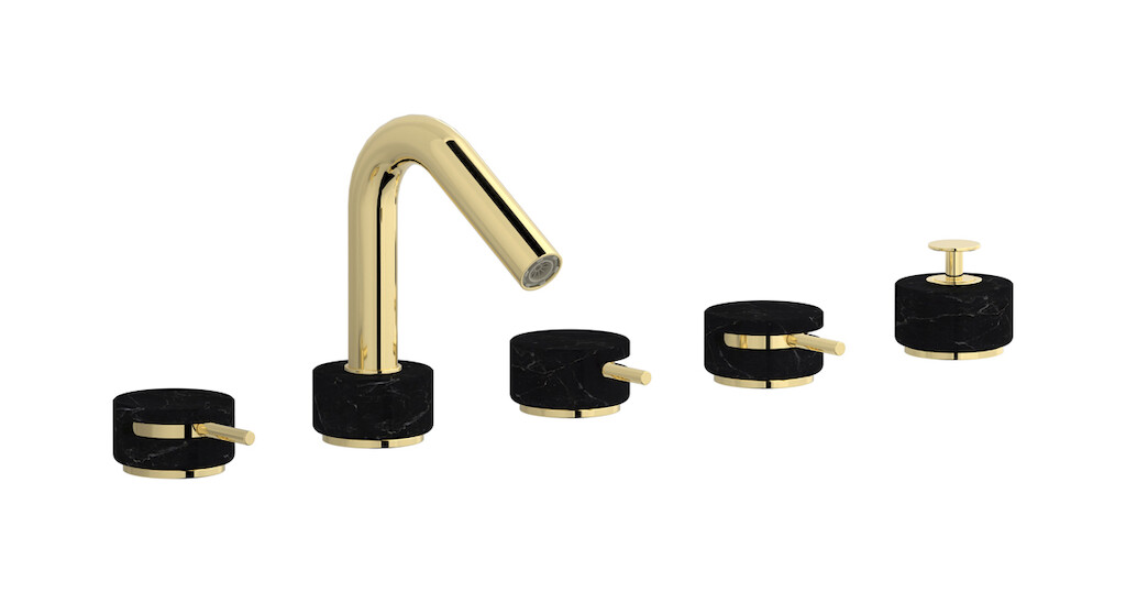 Смеситель на бортик ванной на 5 отверстий с дивертером и душевым гарнитуром. WE ARE IB mr396ii_2 Pale Gold Marmo