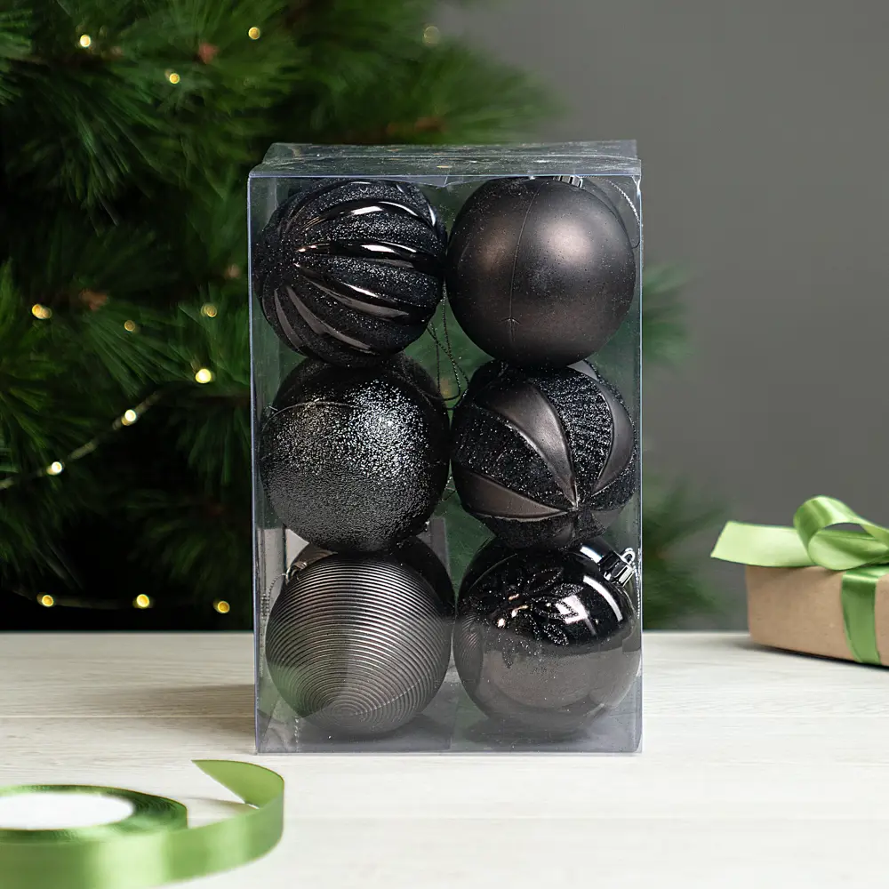 Набор елочных шаров KREAFORTA черные с блестками, 12 шт, ø8 см 89420574 STLM-1582858