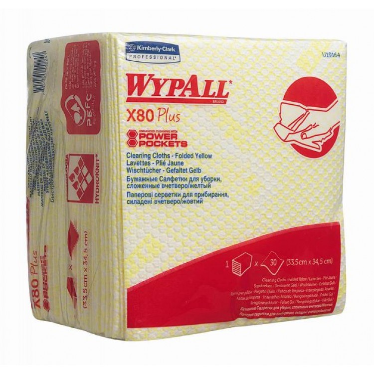 19164 Kimberly Clark Протирочные салфетки листовые Kimberly-Clark WypAll X80 Plus 19164 1-слойный 8 пачек по 30 листов, желтый 