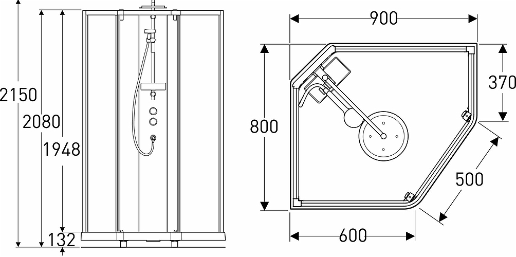 558.911.00.1 IDO Showerama 10-5 900x800 Pentagonal Comfort, Душевая кабина IDO Showerama в сборе Comfort пятиугольная, профили из матового алюминия / прозрачное стекло, 900X800 мм  - Вид №1