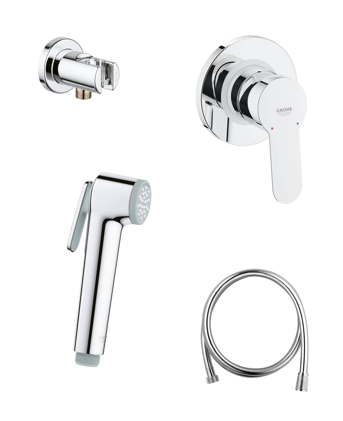 Готовый комплект для гигиенического душа GROHE BauEdge: встраиваемый смеситель, гигиенический душ со шлангом и держателем, хром (124898)
