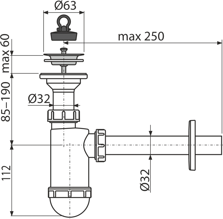Сифон для умывальника DN32 с нержавеющей peшeткой DN63 ALCAPLAST A410 - Вид №1