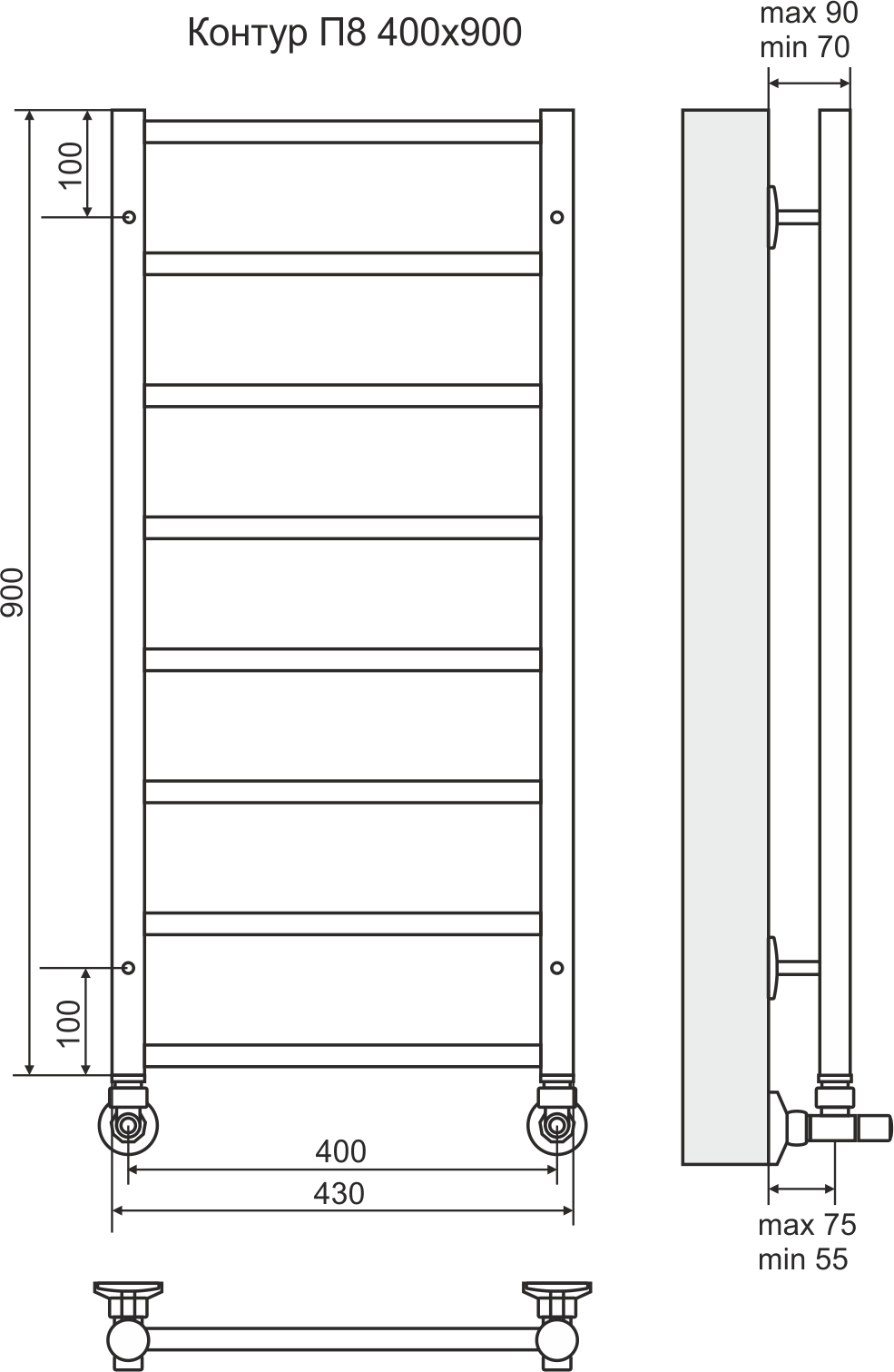 4660059582450 СТАНДАРТ Контур П8 400х900 Полотенцесушитель TERMINUS Нержавеющая сталь - Вид №2
