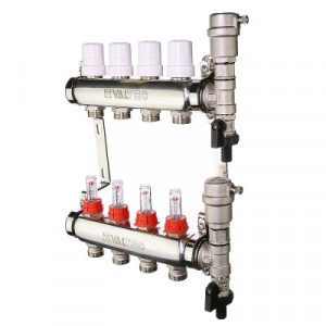 VTc.589.EMNX.0607 Коллекторный блок из нержавеющей стали с регулировочными клапанами и расходомерами Valtec 1", 7 x 3/4", «евроконус»