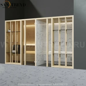 Effegibi YOKU.S SH YO.10110001 Комбинированная баня: хаммам и сауна. Установка: в нишу. Мощность: 10,5 кВт макс. Размеры: длина 342 см, ширина 170 см. Отделка: осина термообработанная и светлый керамогранит