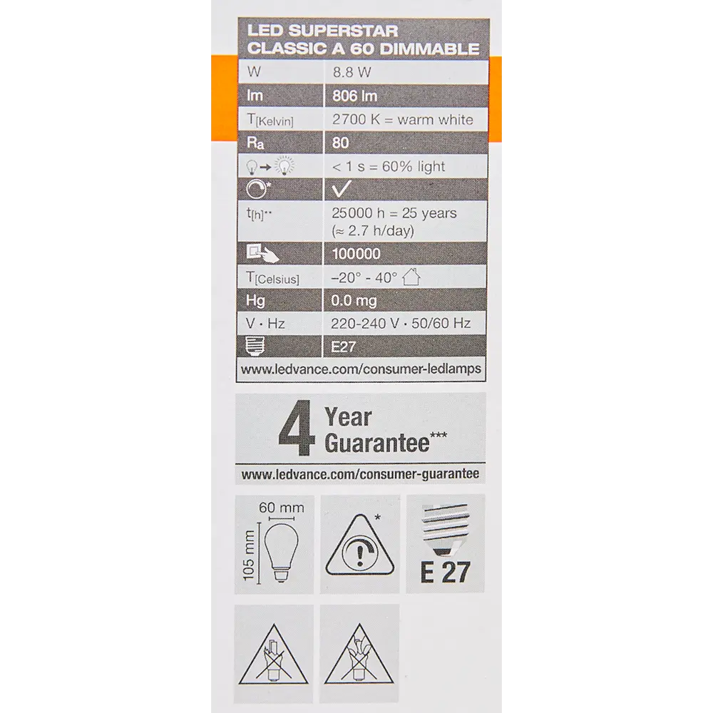 Лампа светодиодная Osram диммируемая E27 9 Вт/827 груша 806 Лм 82911401 STLM-2062379  - Вид №4