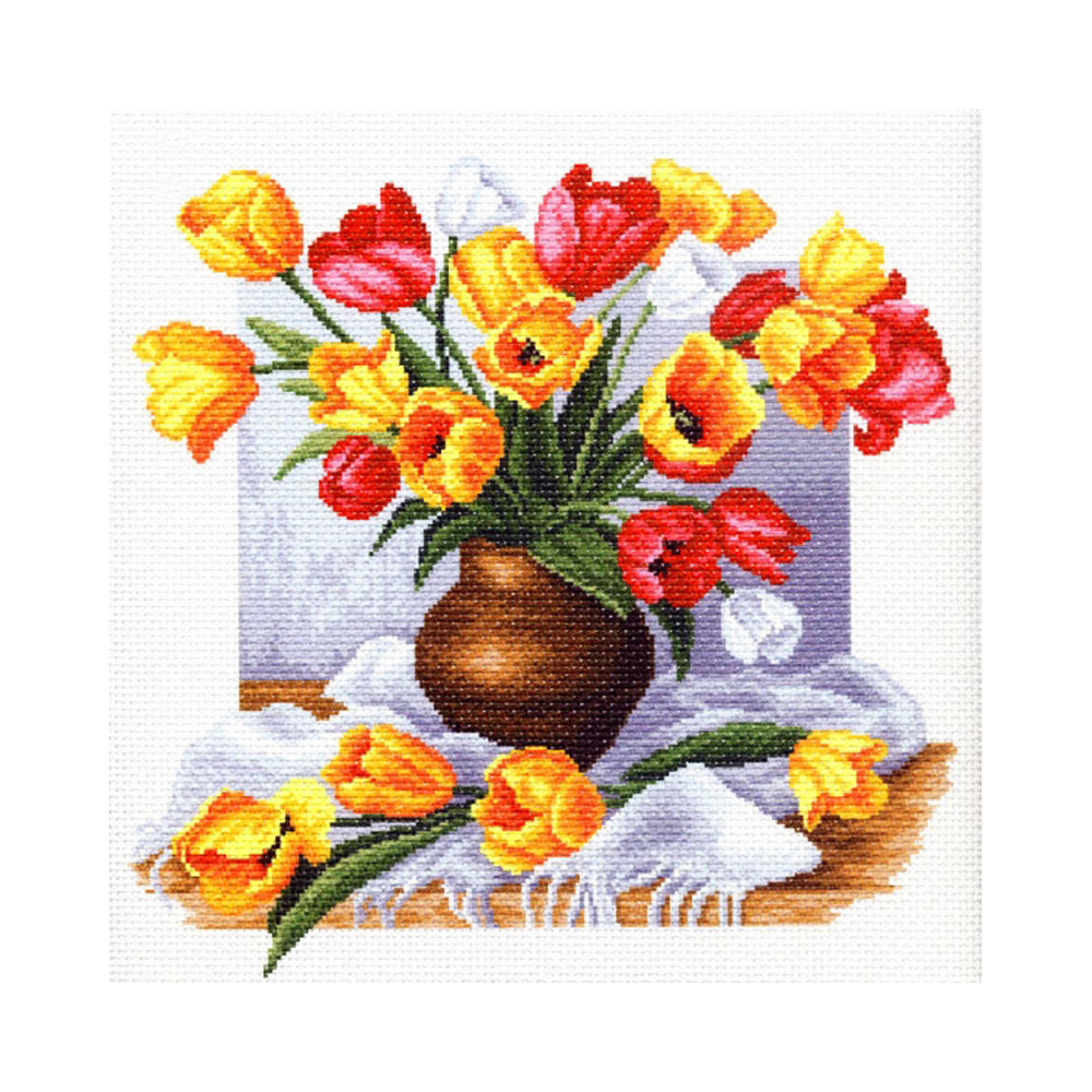 1269 Канва/ткань с рисунком Рисунок на канве 41 см х 41 см "Тюльпаны" Матренин посад 