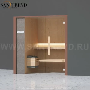 Effegibi ONEFILO S LO51030008 Сауна. Установка: в правый угол. Левая дверь. Мощность: 4,5 кВт макс. Размеры: длина 214 см, ширина 171 см. Отделка: матовый лакированный коричневый аллюминий и темный ламинат из керамогранита.