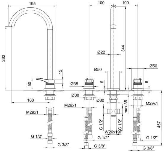 ABOUTWATER Смеситель для раковины на 3 отверстия Al/23 sun-id-1470212 - Вид №4
