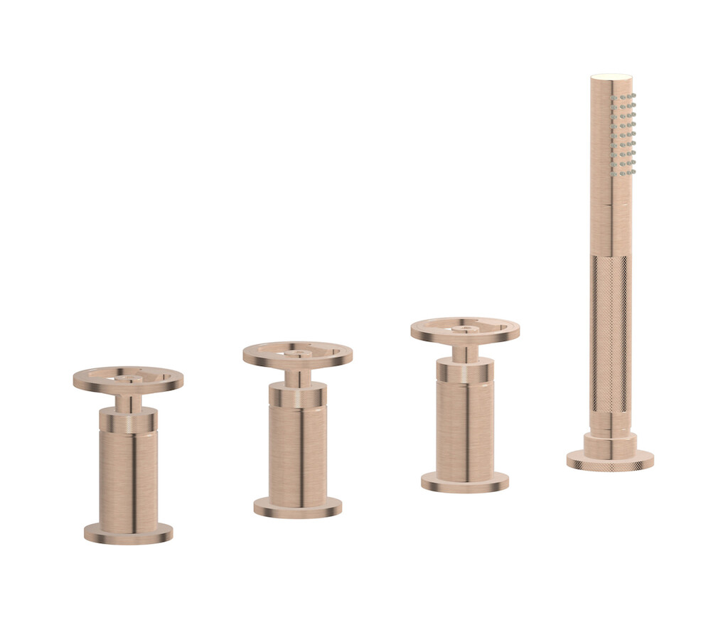 Смеситель на бортик ванной на 4 отверстия с изливом, дивертером и душевым гарнитуром. WE ARE IB b1397sr Brushed Rose Gold Bold