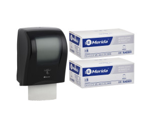 PROMO62 ОДИН черный автоматический бесконтактный диспенсер для полотенец за 200 злотых нетто при покупке 2 коробок полотенец CLASSIC AUTOMATIC RAB301 (12 x 250 м = 3000 м, 11 760 листов) Merida