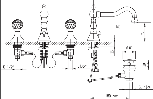 Смеситель для раковины на три отверстия, высокий CEZARES ATLANTIS-BLS2-A-03/24-Sw/M - Вид №1